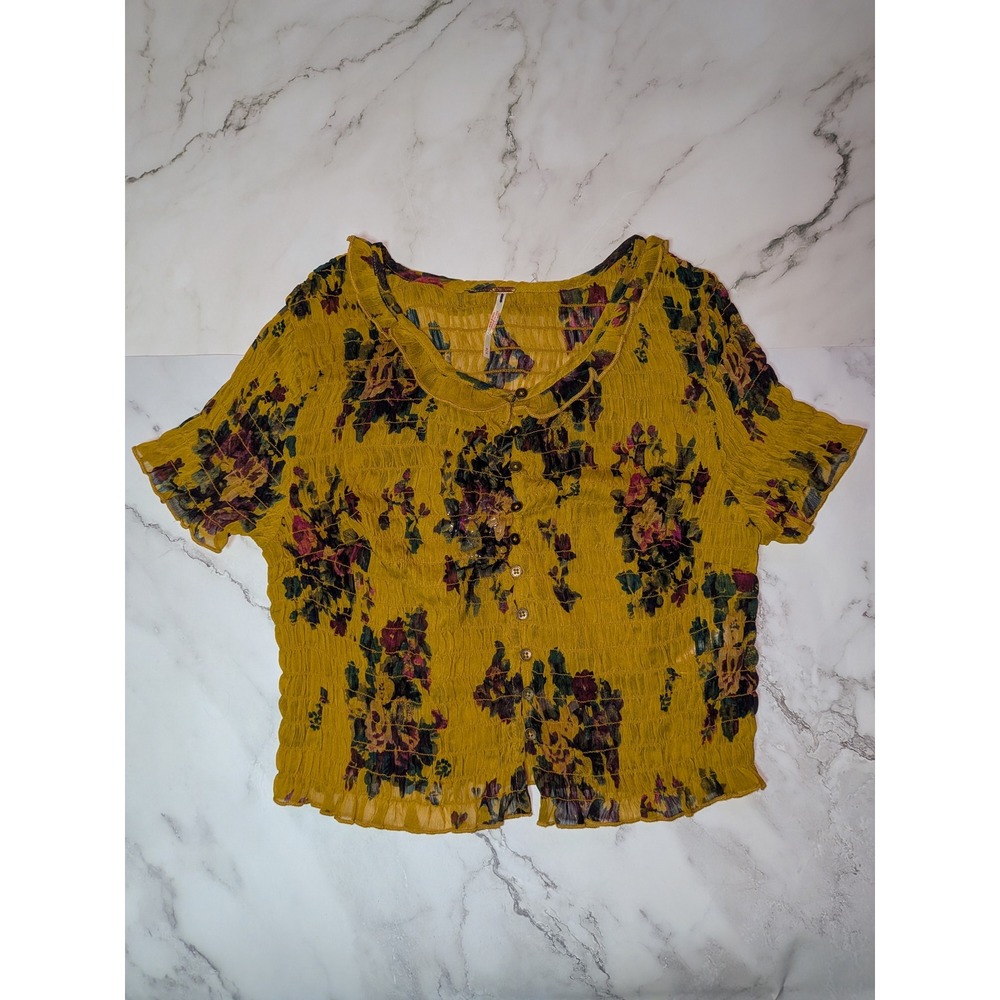 Free People Mustard Yellow Floral Smocked Button Front‎ Top Short Sleeve Medium